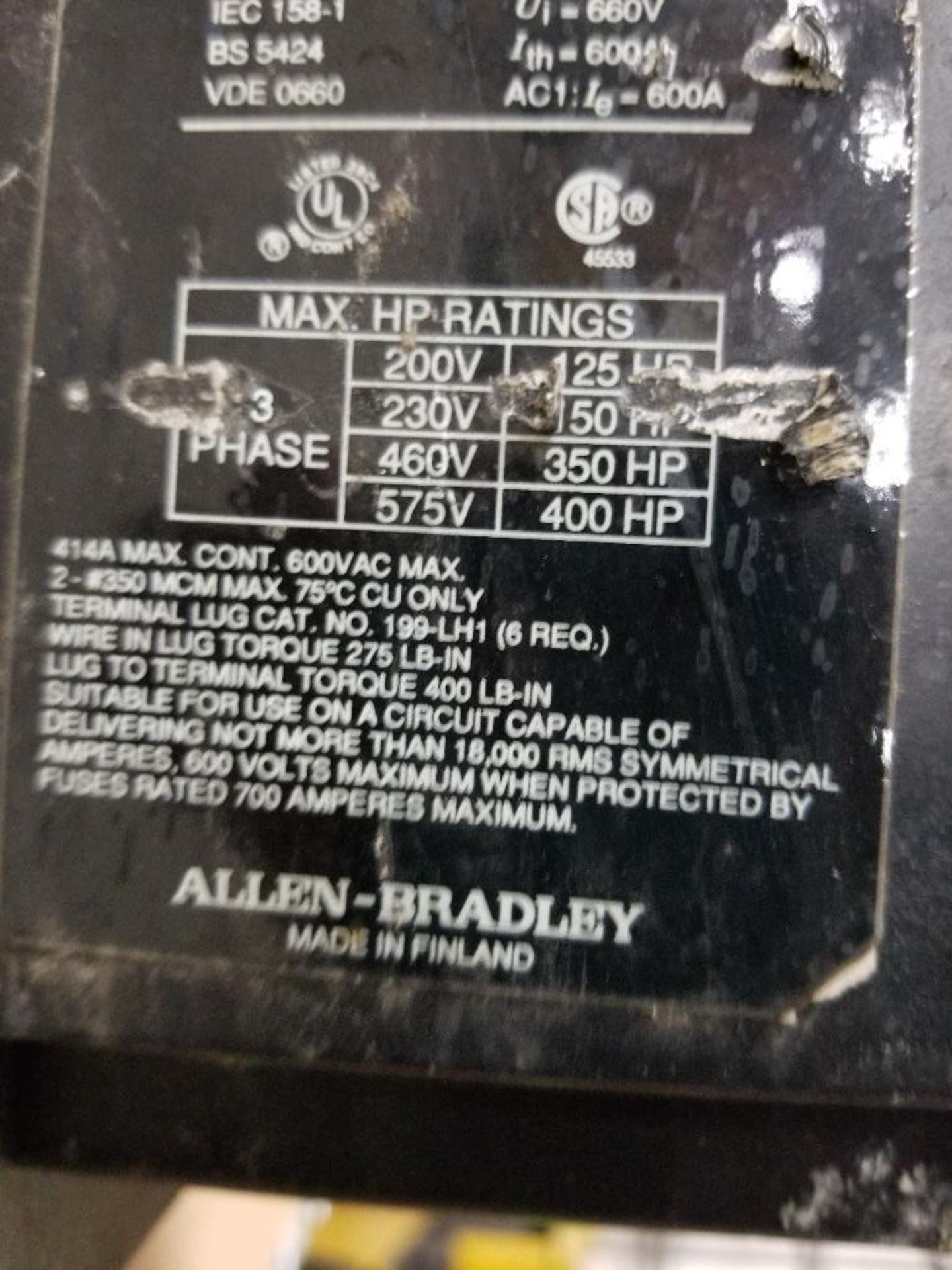 Allen Bradley contactor. Catalog number 100-B400n*3. - Image 3 of 3