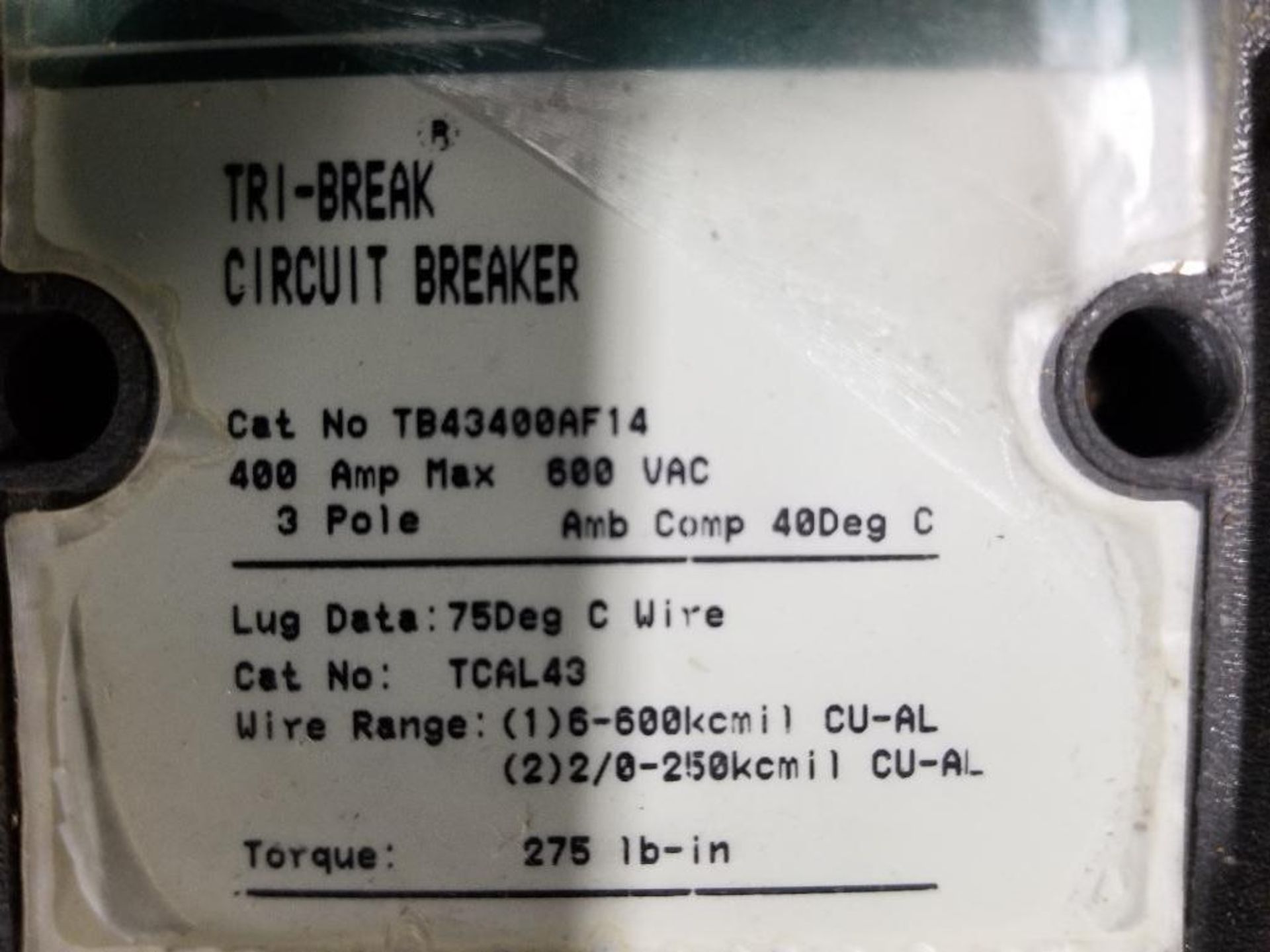 GE molded case breaker. Catalog number TB43400AF14. 400amp. - Image 2 of 4