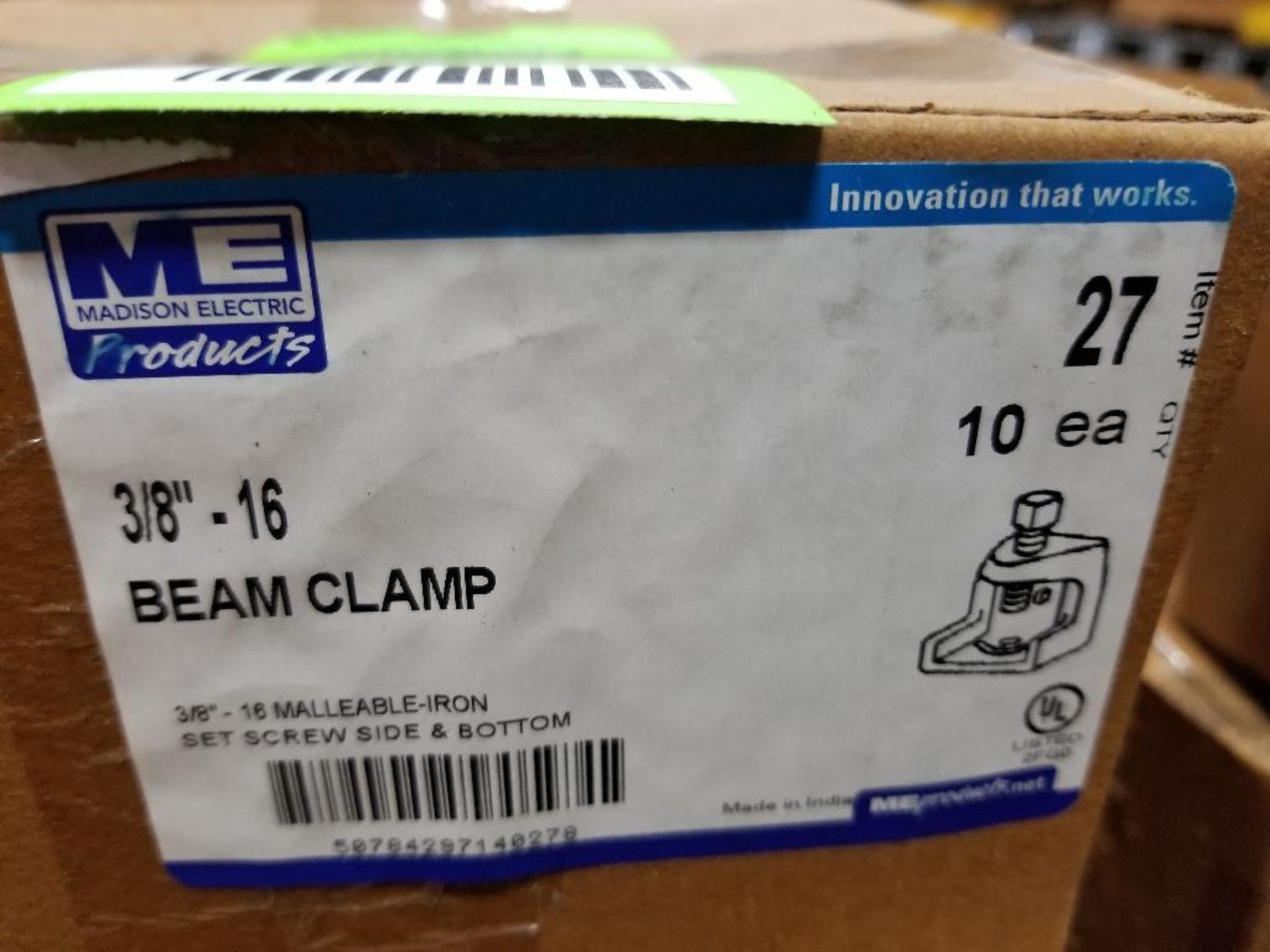 Qty 100 - Madison Electric beam clamp. Model 27, 3/8"-16. New in bulk box (10 per box) - Image 2 of 2