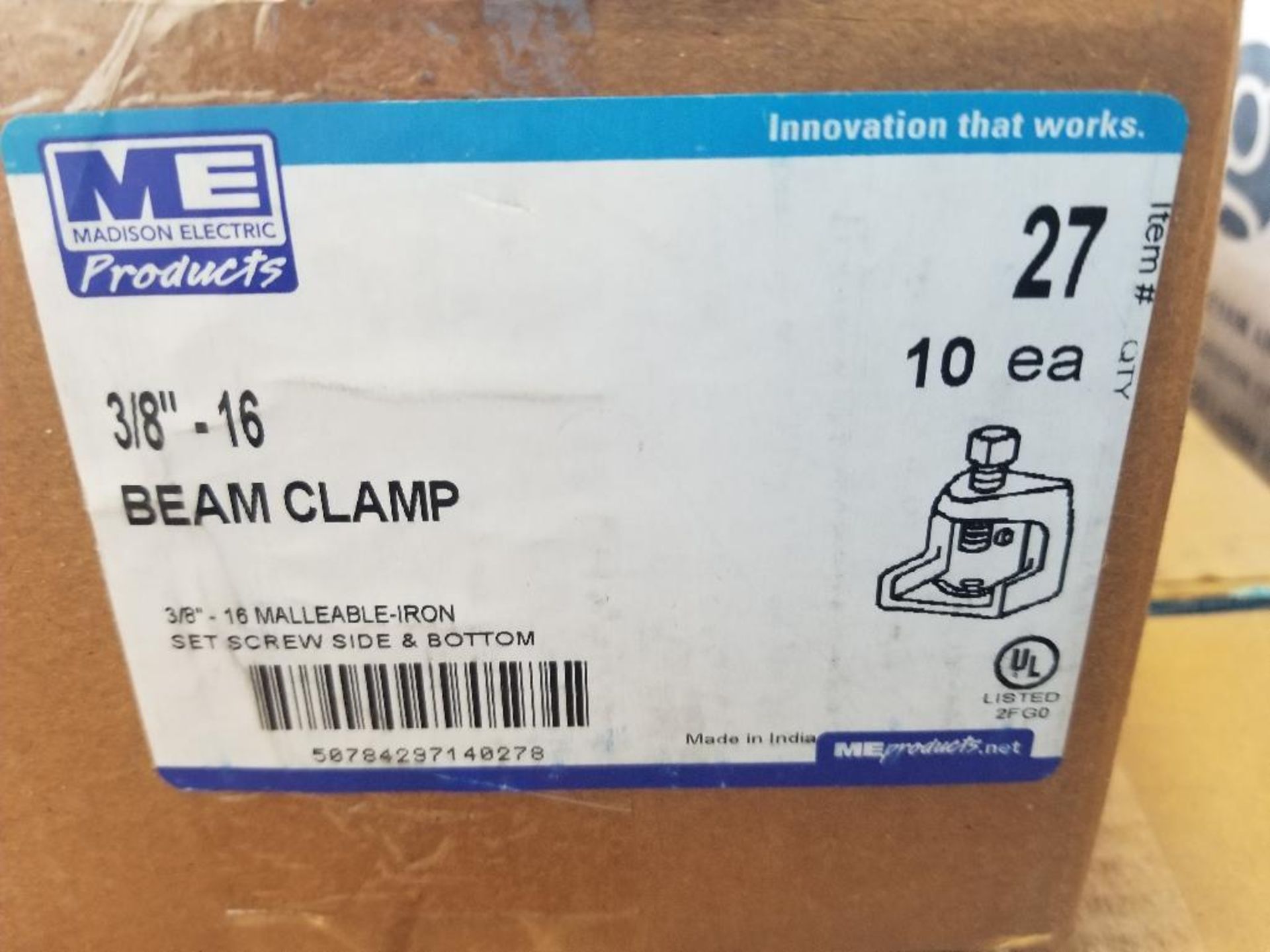 Qty 100 - Madison Electric beam clamp. Model 27, 3/8"-16. New in bulk box (10 per box) - Image 2 of 2