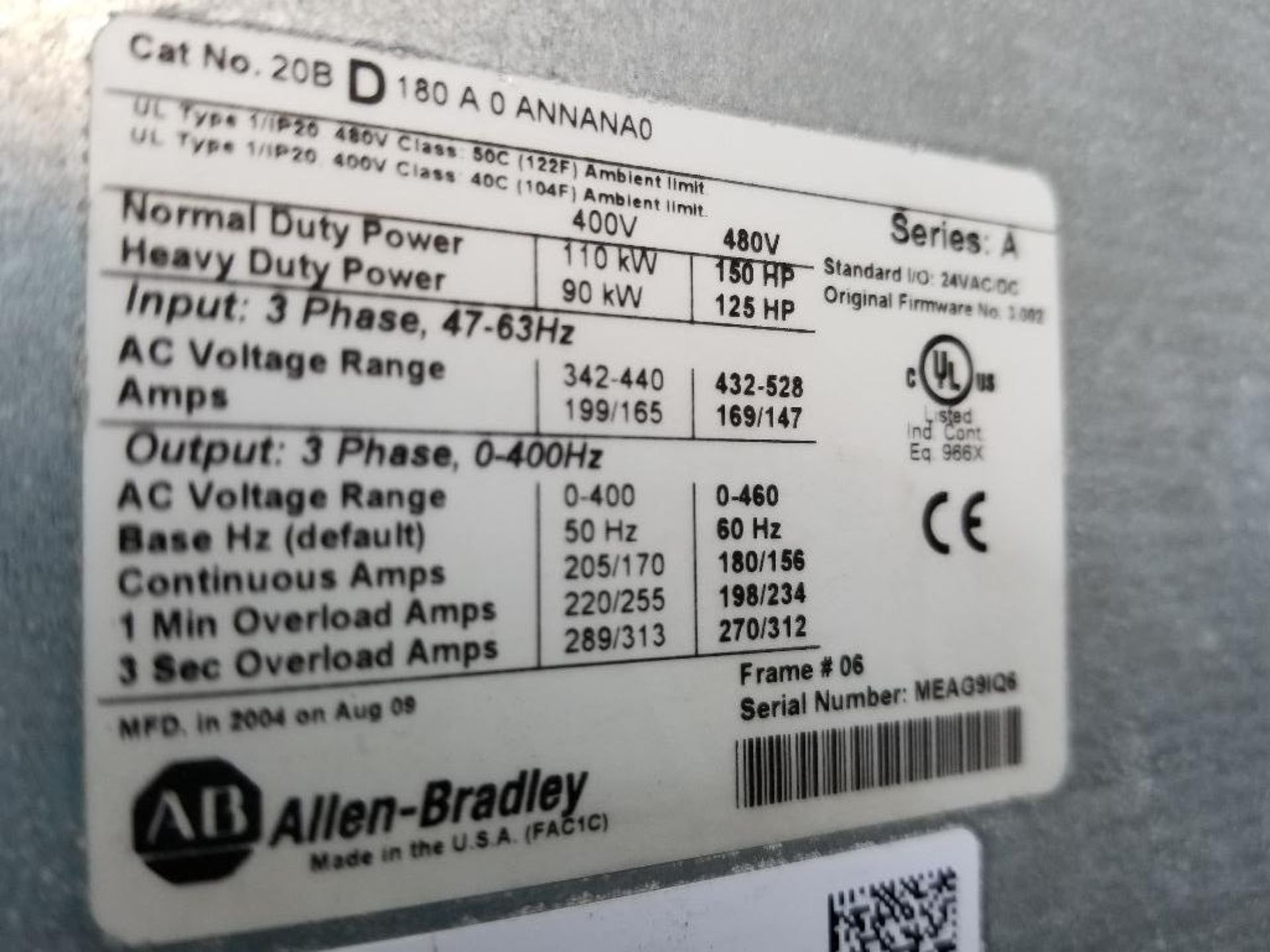 150hp Allen Bradley Powerflex 700 variable speed drive. Catalog 20BD180A0ANNANA0. - Image 3 of 6