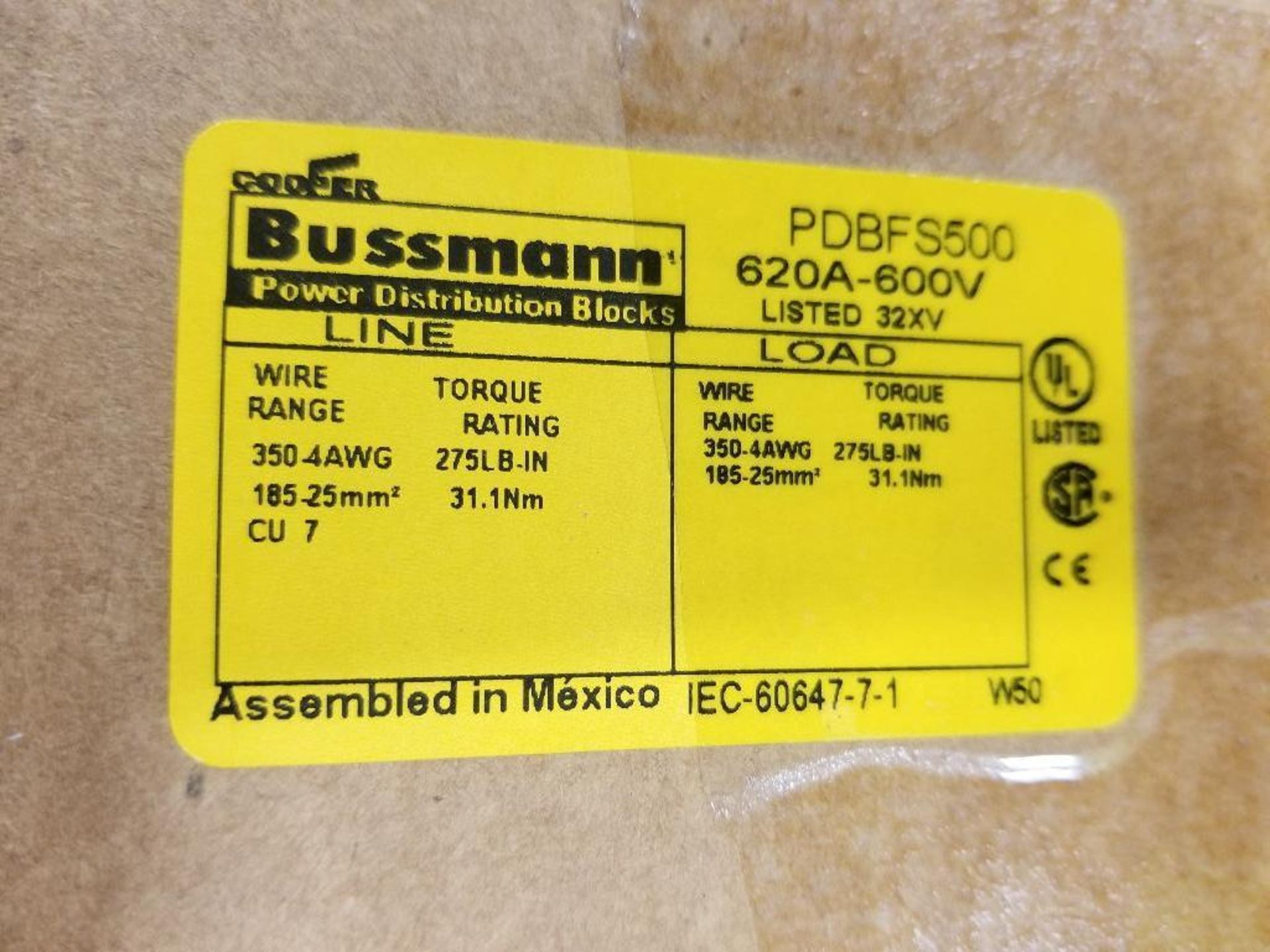 Qty 4 - Cooper Bussmann power distribution block. Catalog PDBFS500. 600V, 620A. New in box.