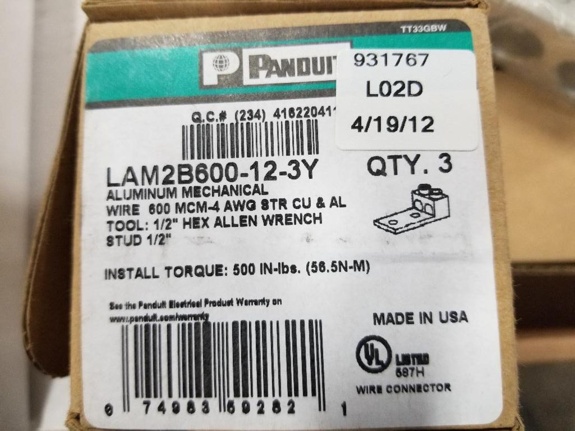 Qty 16 total Panduit lugs. Model LAM2B600-12-3Y. New in bulk packs. - Bild 4 aus 5