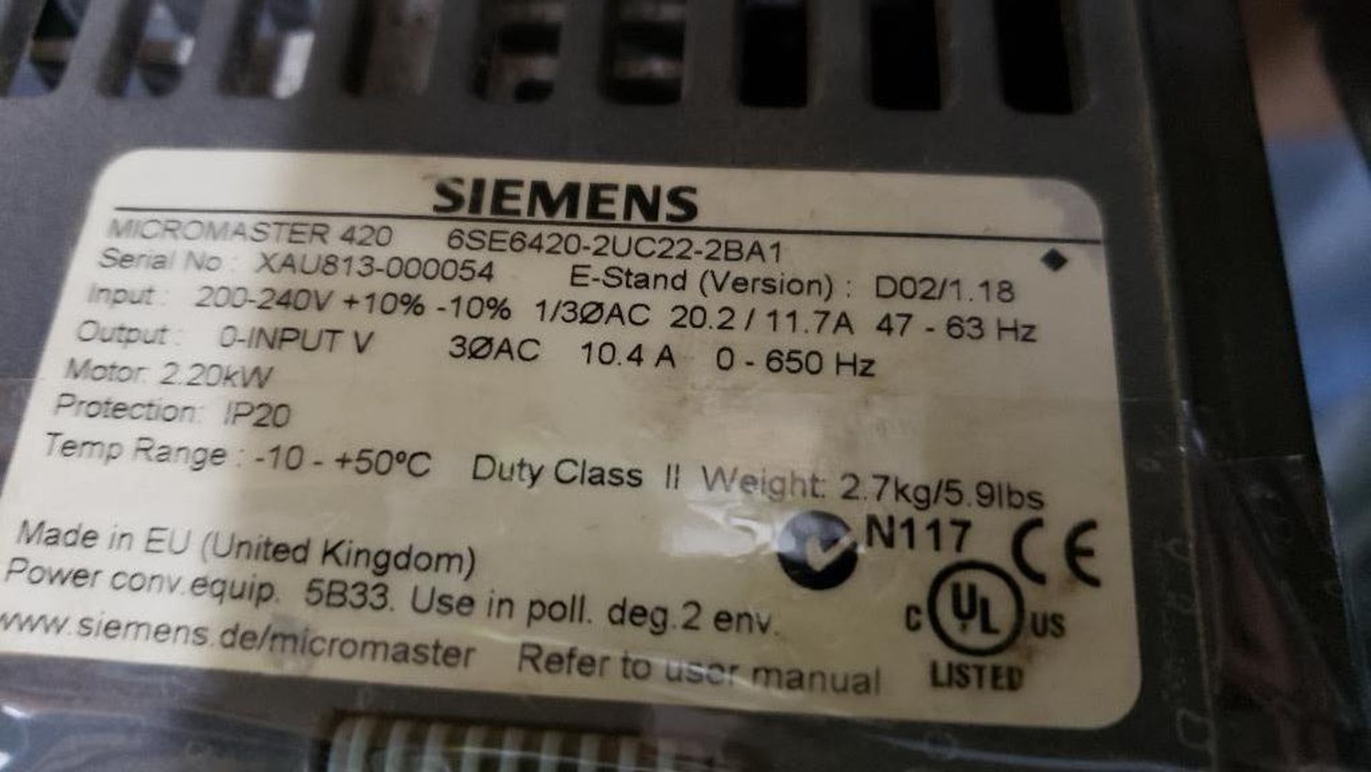 Siemens Micromaster 420 drive. Part number 6SE6420-2UC22-2BA1. - Image 2 of 2