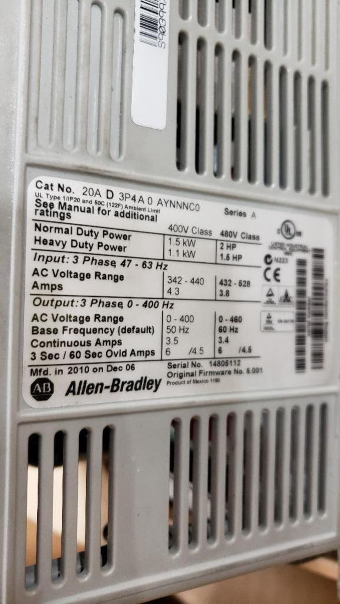 2hp Allen Bradley Powerflex 70 drive. Catalog number 20AD3P4A0AYNNNC0. - Image 2 of 3