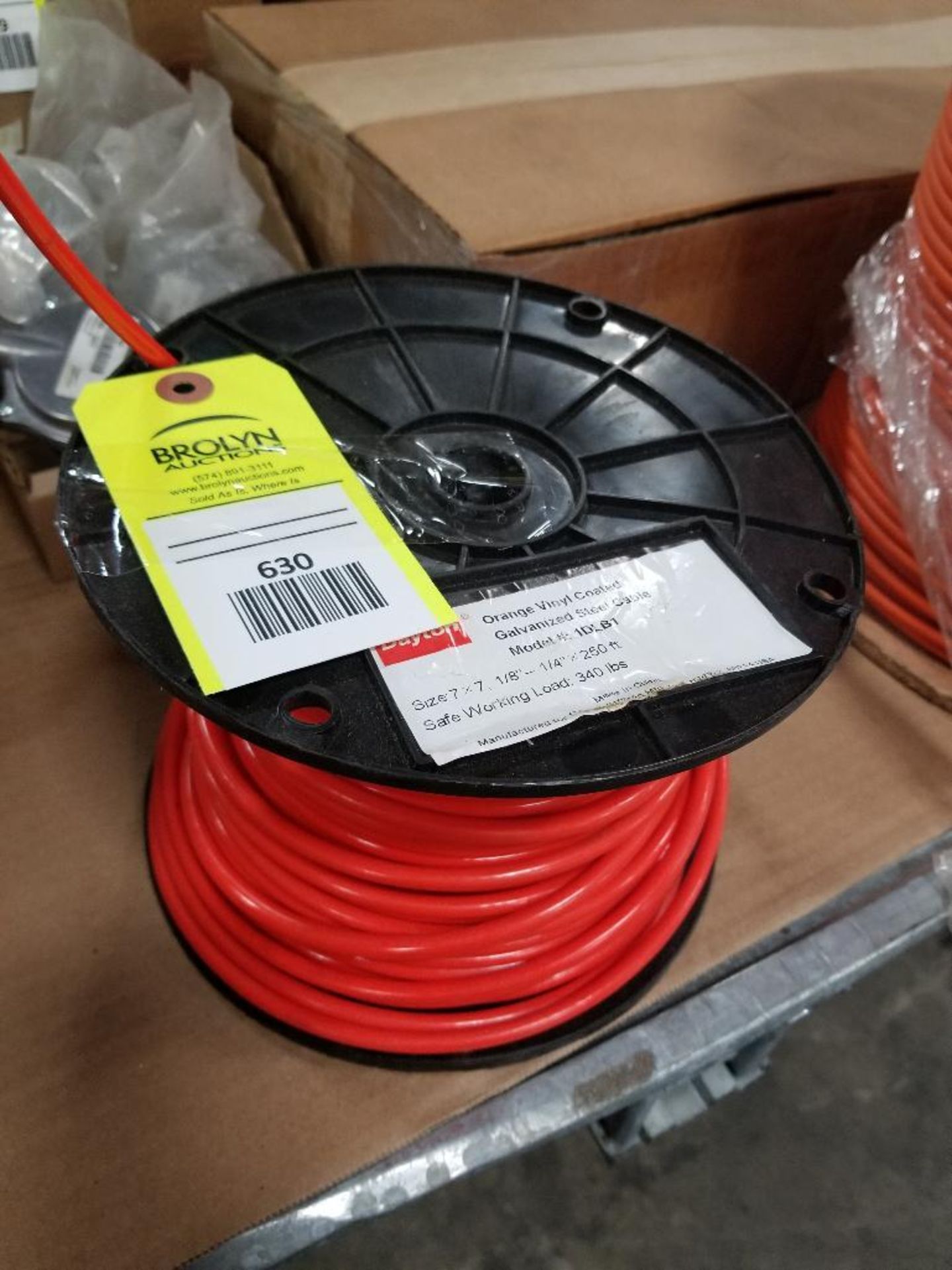 250ft Dayton orange vinyl coated galvanized steel cable. Model 1DLB1. New.