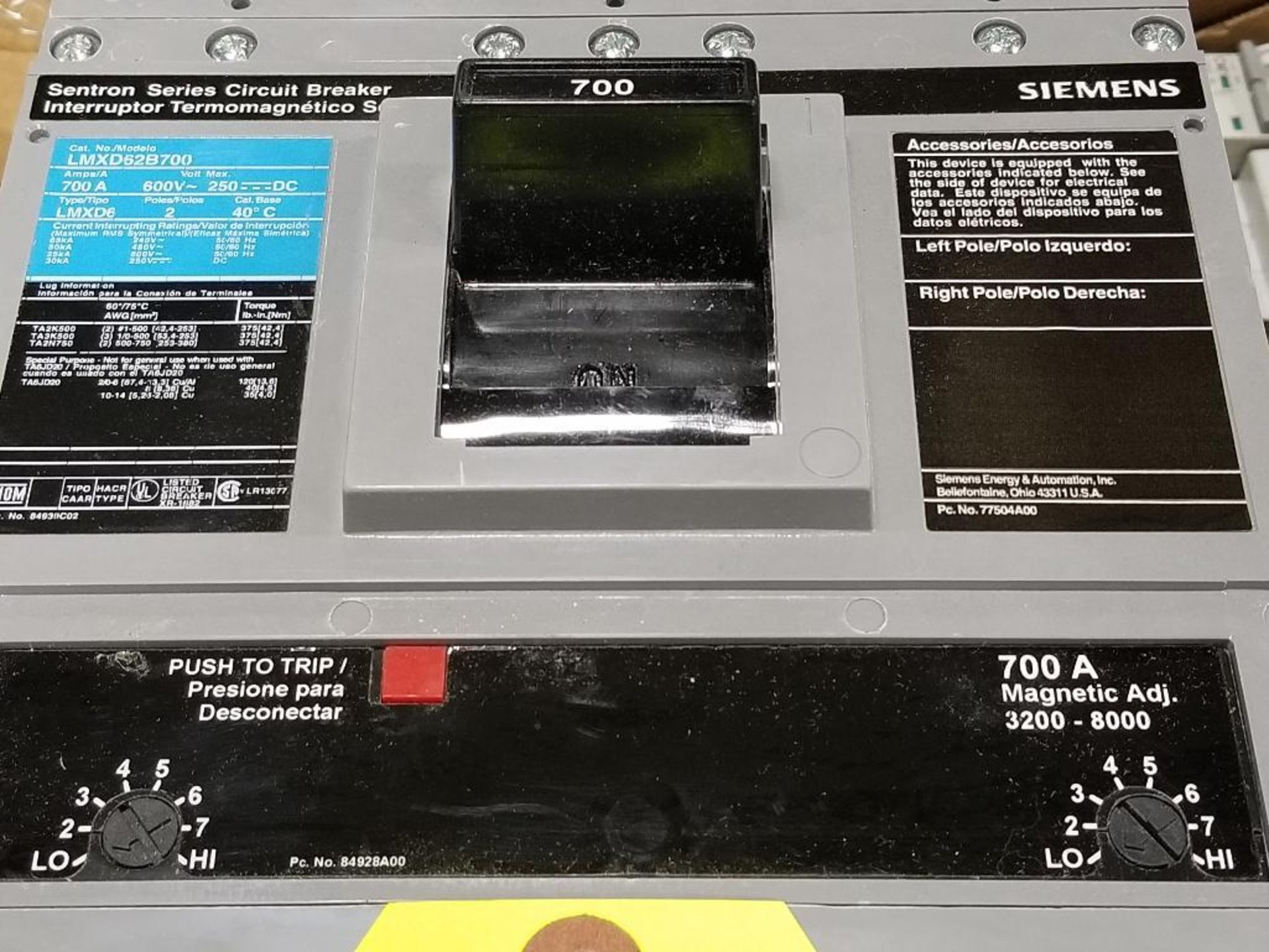 700amp Siemens molded case breaker. Model LMXD72B700. New in box. - Image 5 of 5
