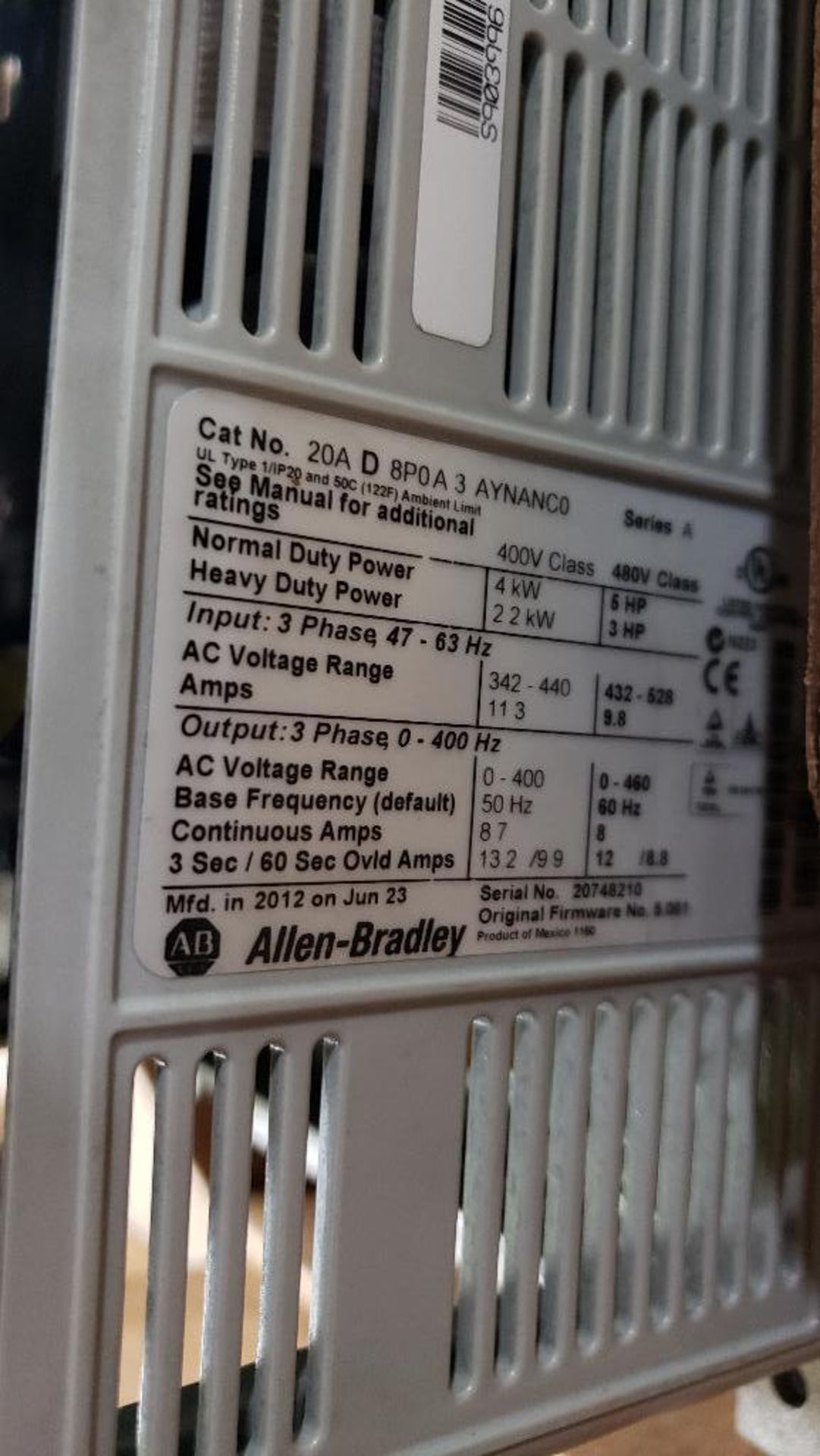 5hp Allen Bradley Powerflex 70 drive. Catalog number 20AD8P0A3AYNANC0. - Image 3 of 4