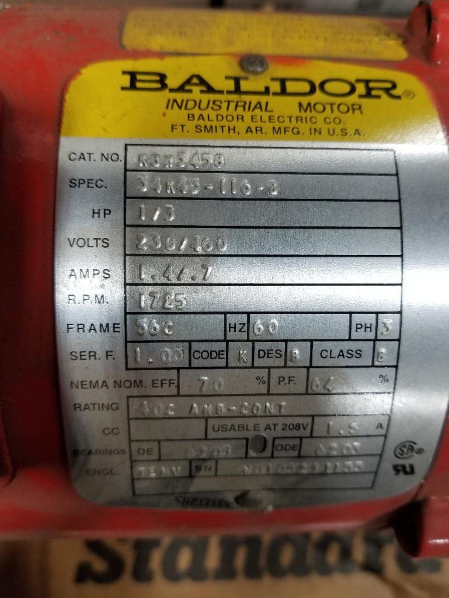 1/3 hp Baldor motor. Catalog KKBM3458. 3phase 230/460v. 1725rpm. 56c frame. New in box.