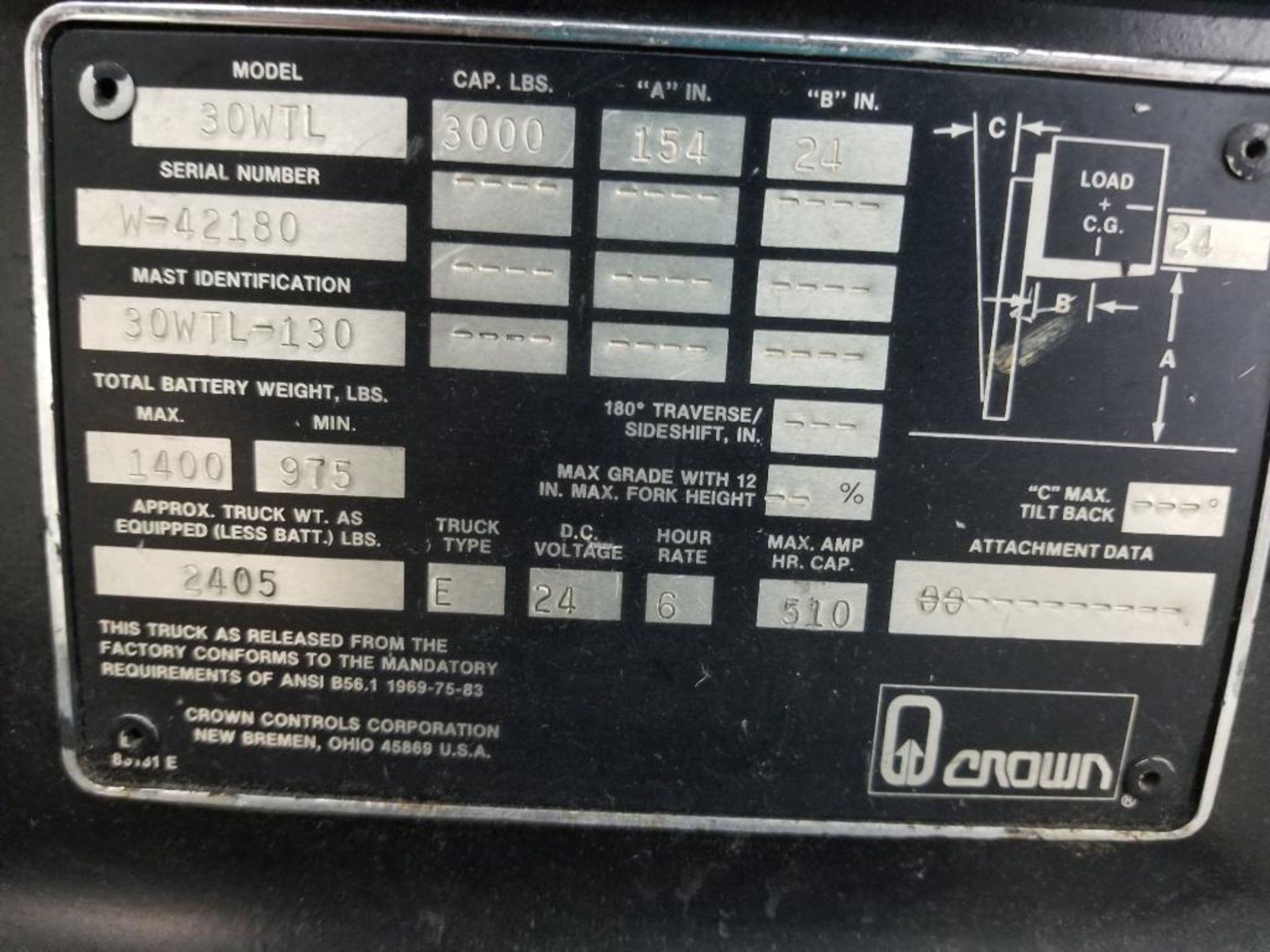 3000lb Crown walk behind forklift. Model 30WTL. 24v built in electric charger included. - Image 3 of 10