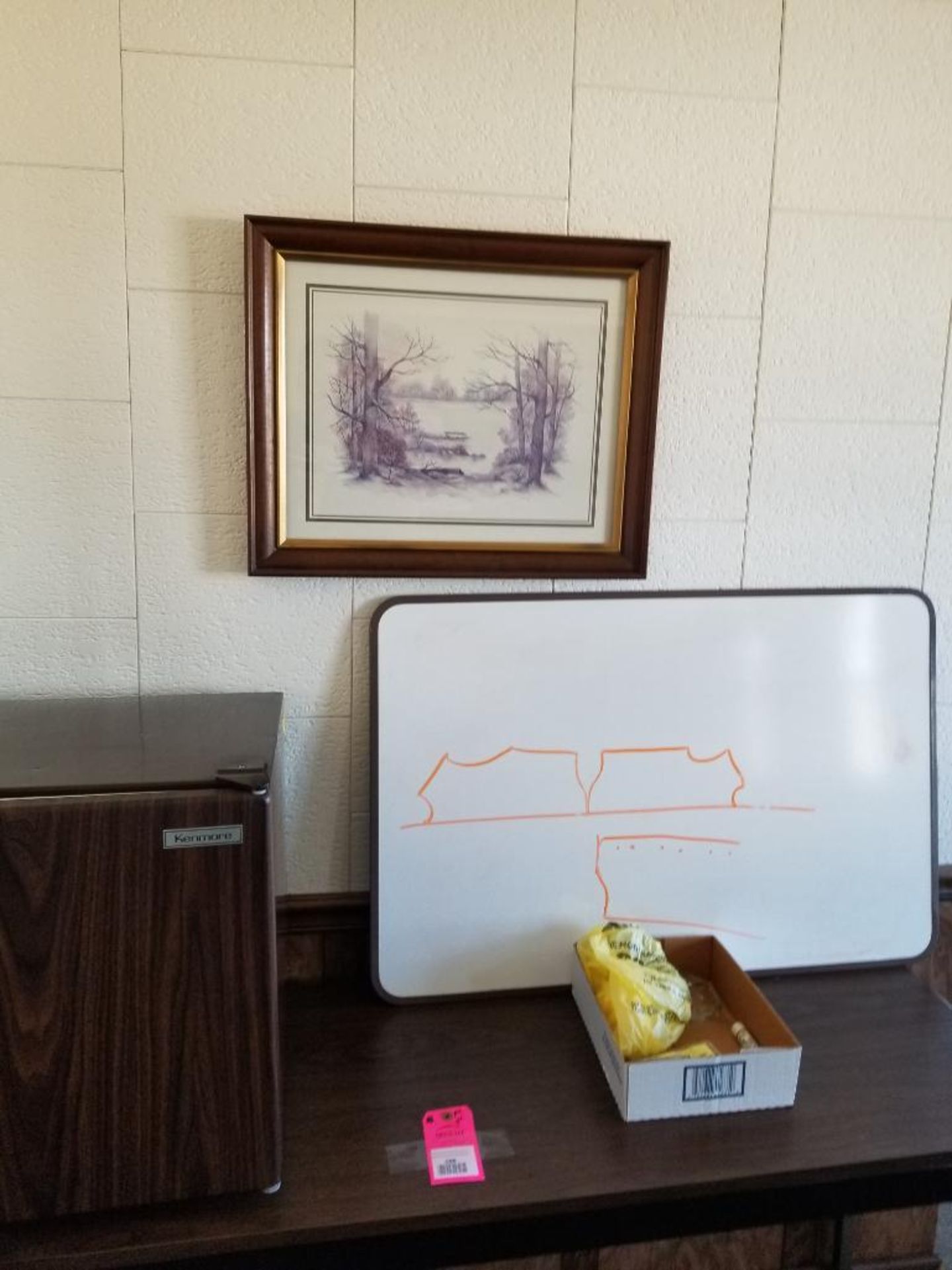 Coat tree, refrigerator, table, and dry erase board. - Image 4 of 5