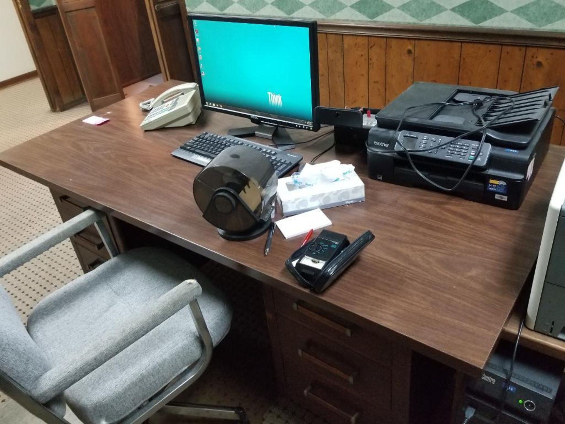 Office desk, chair, computer,, etc.