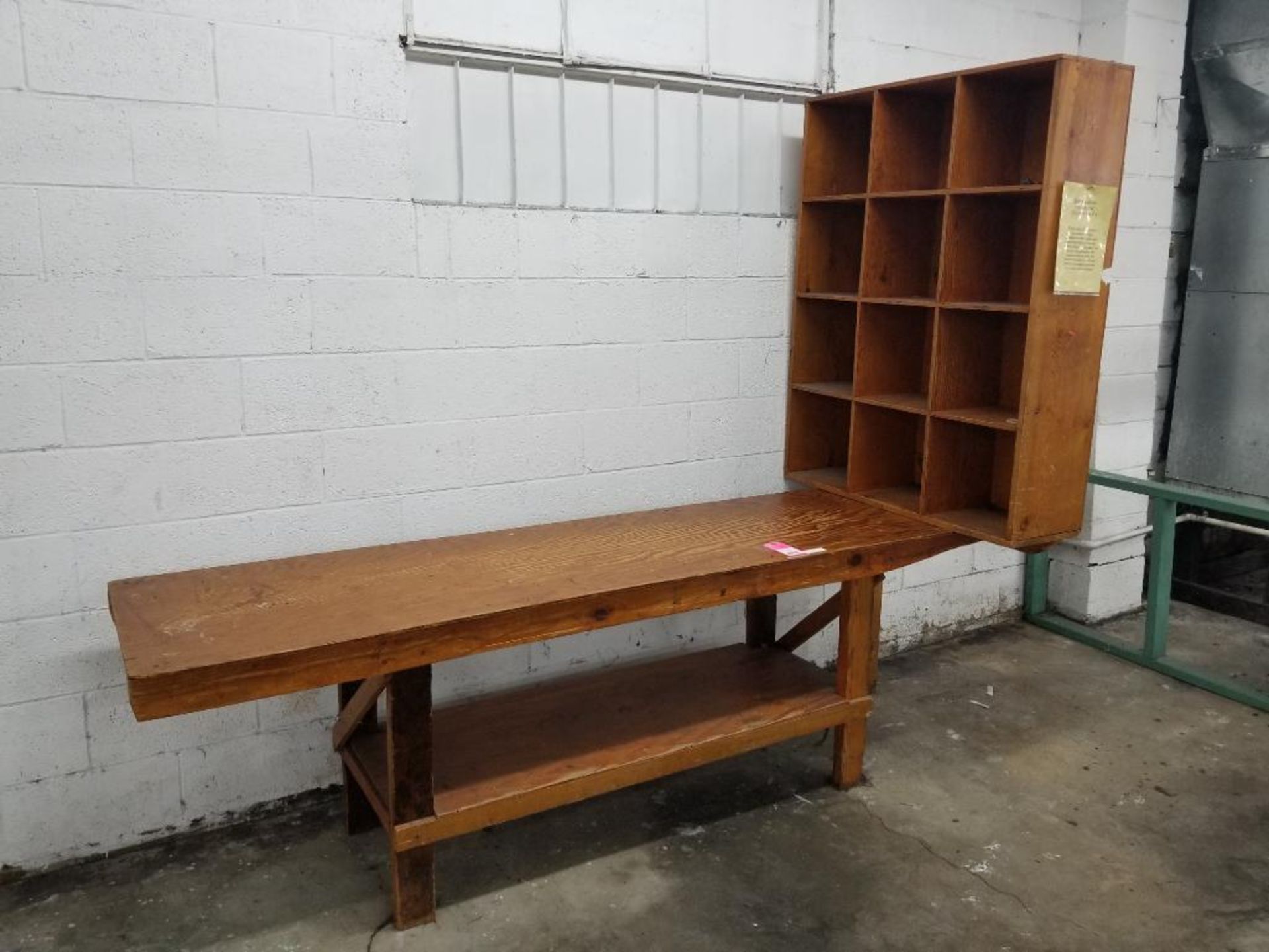 Wood table with cubby shelf. 100x81x24".