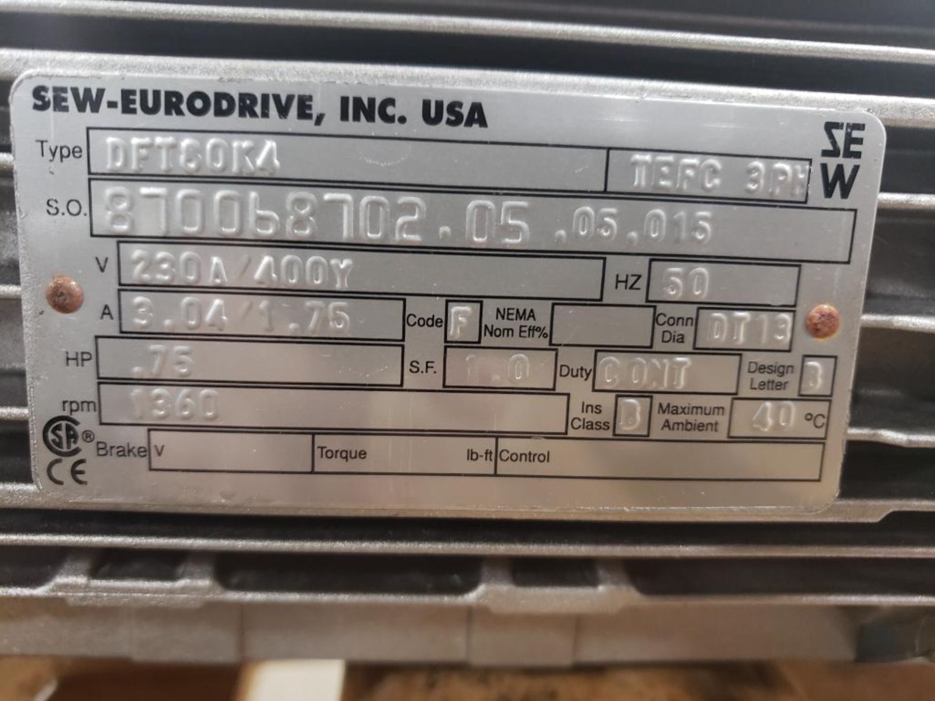 Sew Eurodrive motor and gearbox. Type DFT80K4. .75hp. 230/400v 3ph. - Image 2 of 5