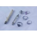 Five Silver Dress Rings, also with an ivory pencil holder and a dress brooch, (7)