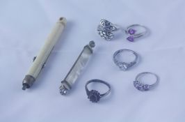 Five Silver Dress Rings, also with an ivory pencil holder and a dress brooch, (7)