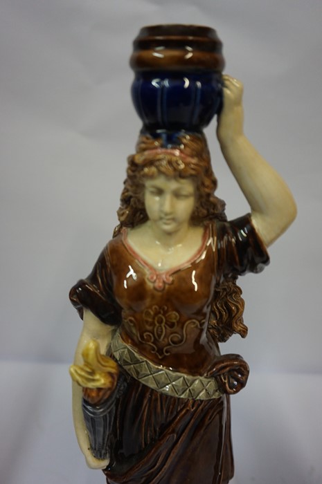 Pair of Majolica Candlesticks, Modelled as a female holding a torchere, decorated with masks, 45cm - Image 2 of 3