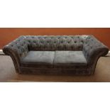 Grey Velour Chesterfield Sofa, 70cm high, 210cm wide