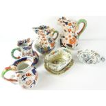 Four Assorted Graduated Masons & Ironstone Imari Pottery Jugs, Having snake handles, also with three