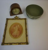 Green Jasperware Bowl, 21cm diameter, also with a small mantel clock, and a portrait print in gilt