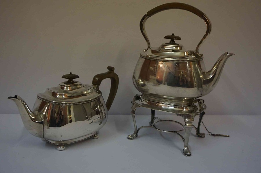 Silver Plated Four Piece Tea Set, Comprising of spirit kettle, tea pot, sugar and cream, also with a - Image 5 of 7