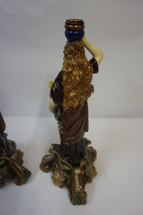 Pair of Majolica Candlesticks, Modelled as a female holding a torchere, decorated with masks, 45cm - Image 3 of 3