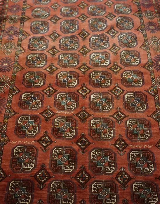 Turkman Rug, Decorated with allover rows of geometric motifs on a red ground, 212cm x 125cm - Image 2 of 3