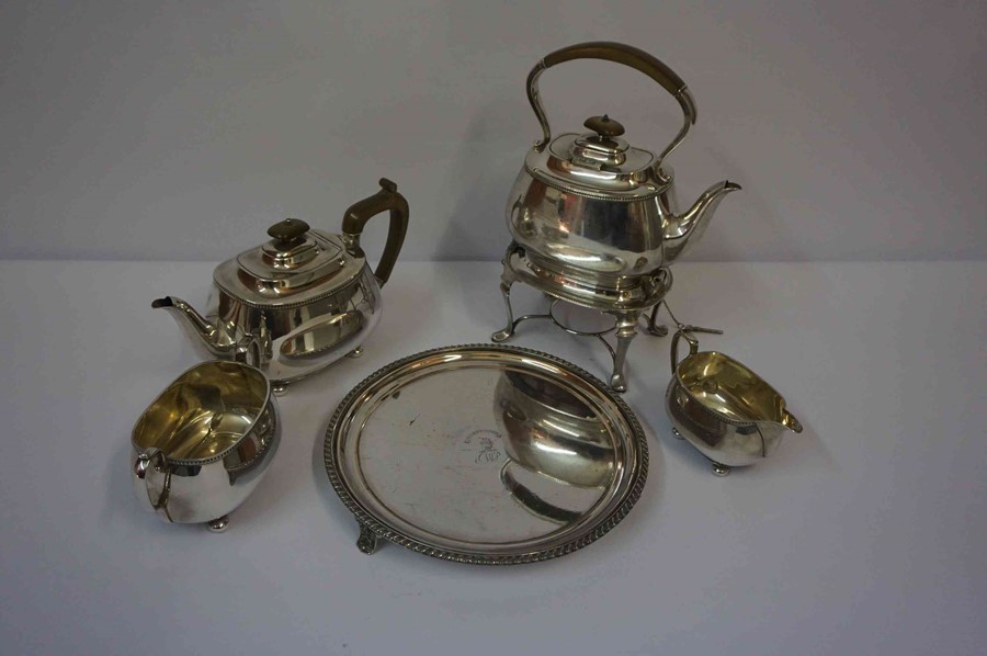 Silver Plated Four Piece Tea Set, Comprising of spirit kettle, tea pot, sugar and cream, also with a