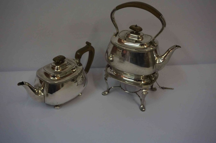 Silver Plated Four Piece Tea Set, Comprising of spirit kettle, tea pot, sugar and cream, also with a - Image 4 of 7