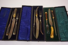Three Boxed Sets of Three Horn Handled Carving Sets, (3)