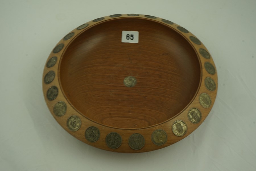 J.Beedie Dundee, Turned Wooden Bowl, inset with shilling coins, 31cm diameter