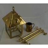 Box of Gilt Window Rails, also with an Arts & Crafts style hall light, small lot of plated wares,