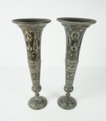 Pair of Indian Bidri Style White Metal Vases, circa early 20th century, of trumpet form, decorated