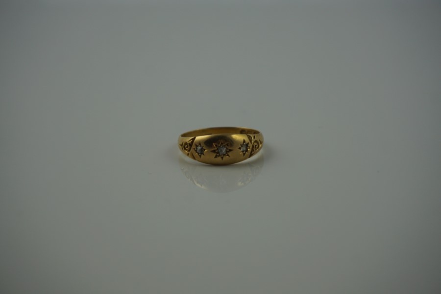 18ct Gold Diamond Ring, Set with three small diamond stones, Hallmarks for Birmingham, year date - Image 6 of 7