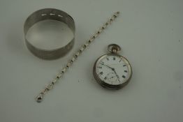 Silver Pocket Watch, also with a silver bracelet, stamped 925, and an unmarked white metal