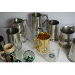 Box of Assorted Tankards, also with two glass paperweights