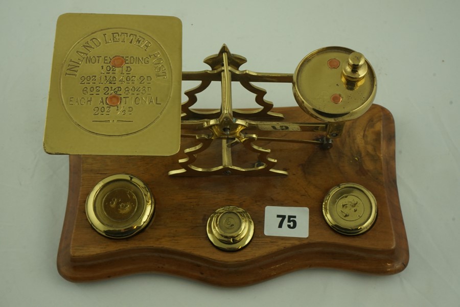 Set of Brass Postal Scales, with weights, raised on a wooden serpentine shaped base - Image 5 of 9