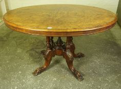 Victorian Inlaid Walnut Loo Table, Having a snap action tilt top, raised on columns and