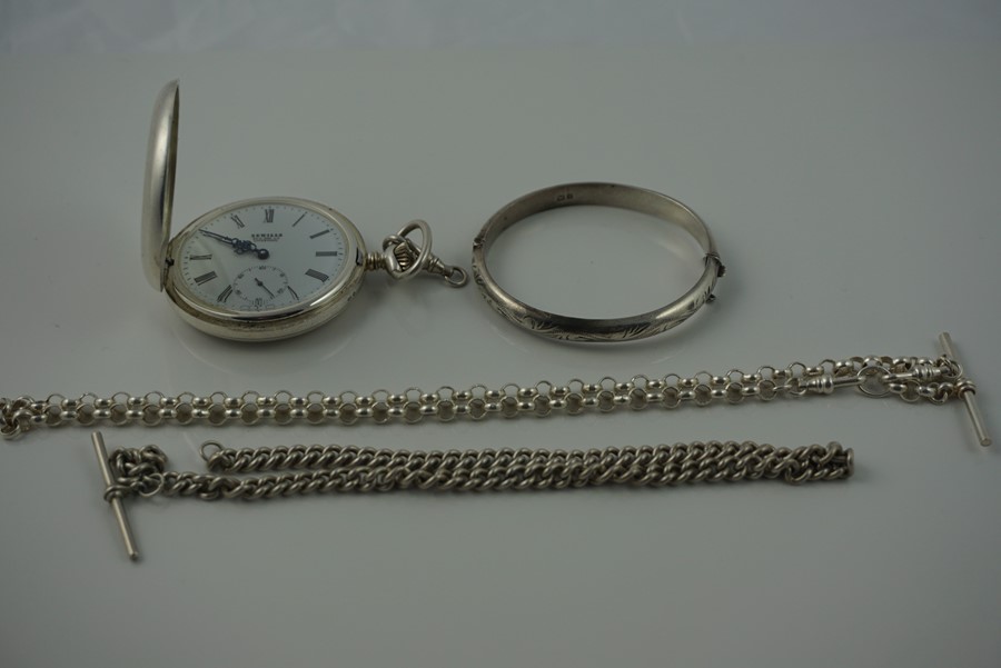 Sterling Silver Full Hunter Pocket Watch by Sewills of Liverpool, Swiss made, stamped 925, in a