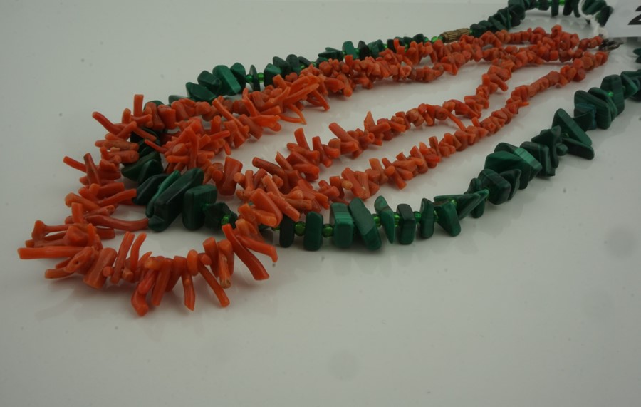 Coral Necklace, 31cm long, also with a malachite coloured bead necklace, (2)