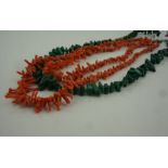 Coral Necklace, 31cm long, also with a malachite coloured bead necklace, (2)
