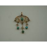 Art Nouveau 9ct Gold Turquoise and Seed Pearl Pendant / Holbein, circa late 19th / early 20th
