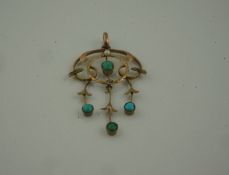 Art Nouveau 9ct Gold Turquoise and Seed Pearl Pendant / Holbein, circa late 19th / early 20th