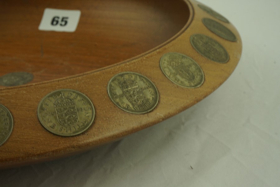 J.Beedie Dundee, Turned Wooden Bowl, inset with shilling coins, 31cm diameter - Image 3 of 5