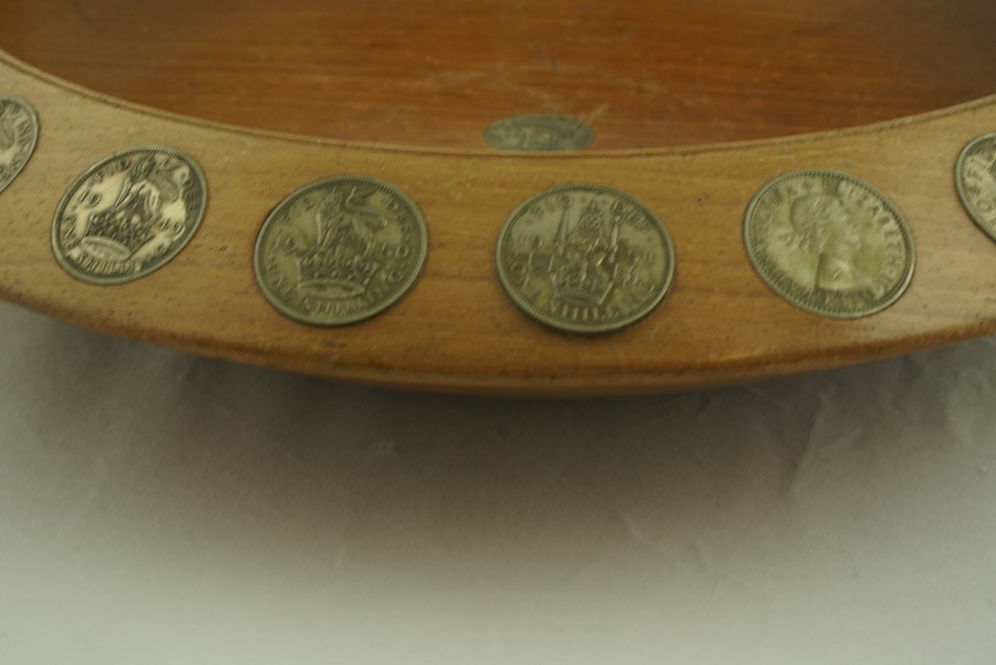 J.Beedie Dundee, Turned Wooden Bowl, inset with shilling coins, 31cm diameter - Image 2 of 5