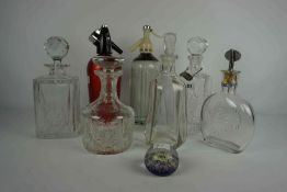 Mixed Lot of Crystal and Glass Decanters, One decanter having a spirit label for whisky around the