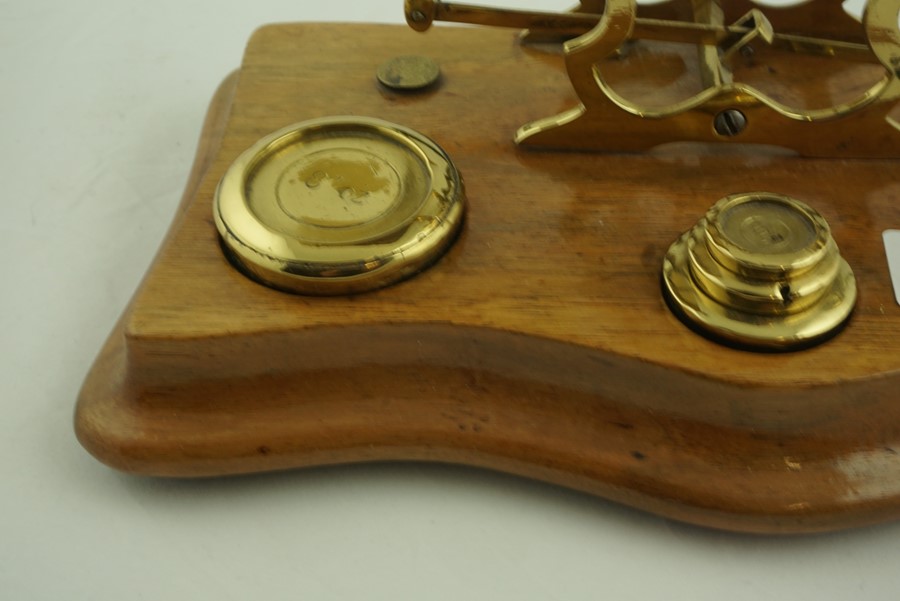 Set of Brass Postal Scales, with weights, raised on a wooden serpentine shaped base - Image 8 of 9