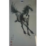 Oriental Print of a Horse Study, 42cm x 26.5cm, also with a bamboo framed wall hanging, (2)