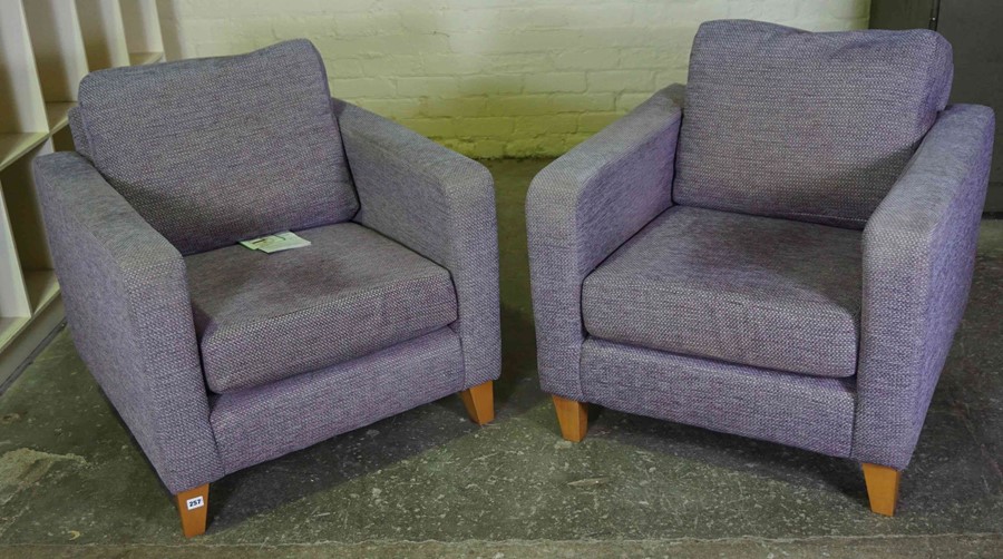 Pair of Schreiber Armchairs, Upholstered in purple fabric, 70cm high, (2)