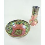 Maling Lustre Bowl, Decorated with colourful floral panels on a pink ground, 10cm high, 21.5cm
